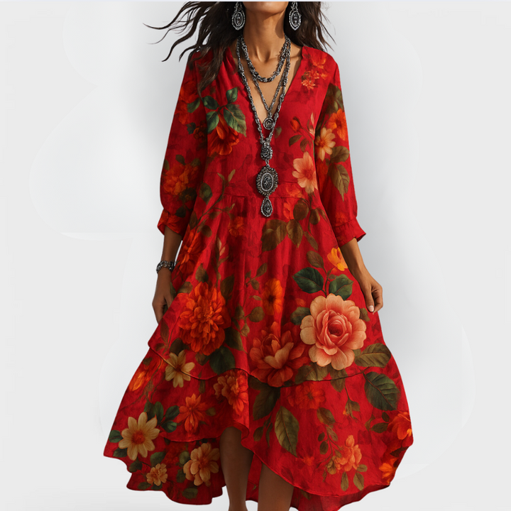 Flowy long sleeve floral maxi dress for women, featuring a boho V-neck design. Ideal for vacation and casual wear.