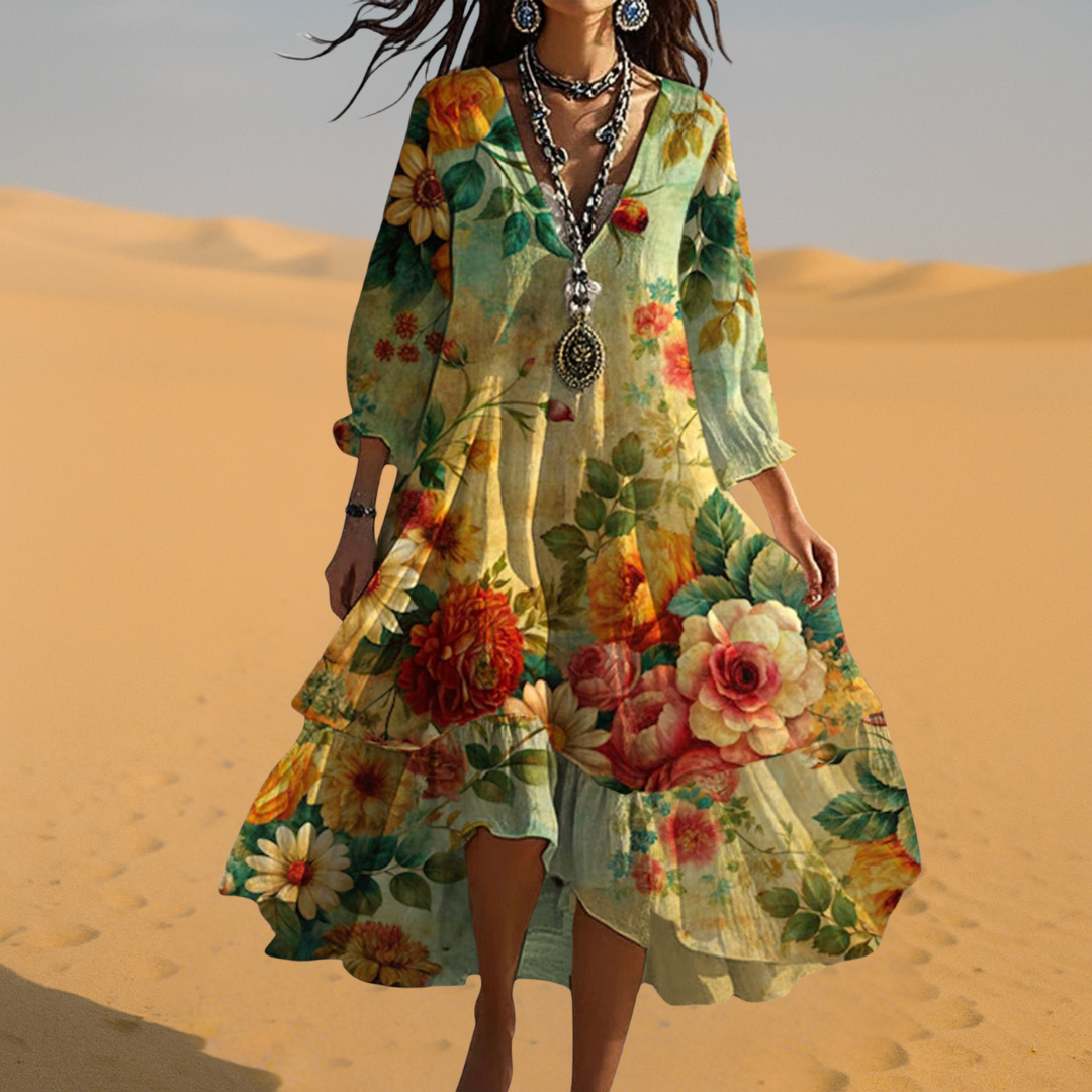 Bohemian V-neck floral maxi dress for women. This flowy summer dress is perfect for beach vacations and casual outings.