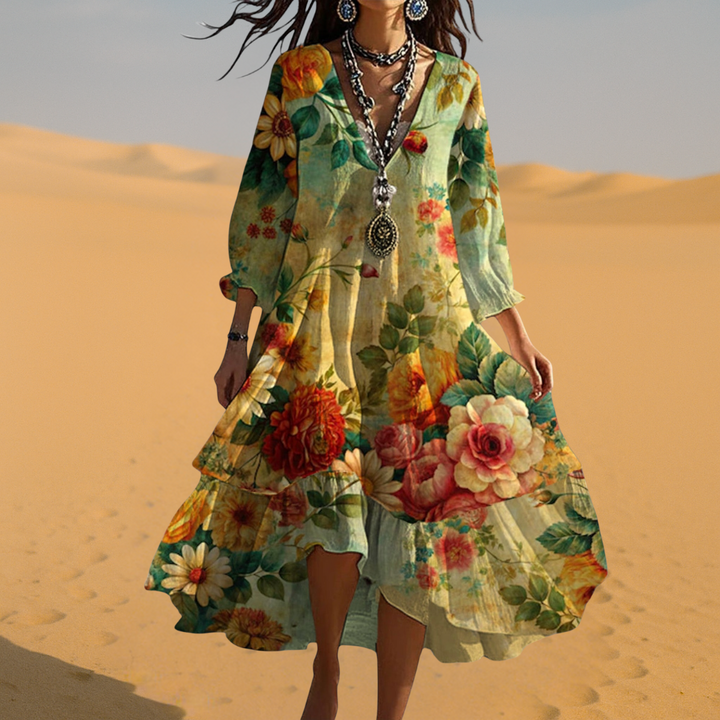 Bohemian V-neck floral maxi dress for women. This flowy summer dress is perfect for beach vacations and casual outings.