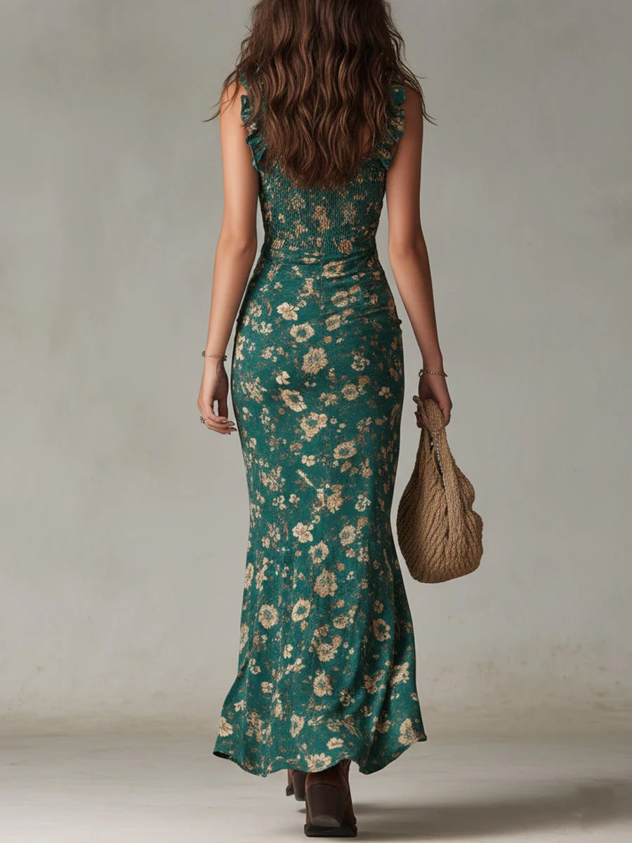 Flowy women's floral boho maxi dress with comfortable ruffle straps & alluring high slit. Perfect for warm weather.