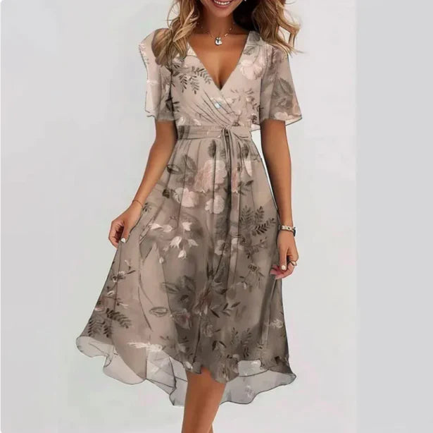 Flowy floral wrap midi dress for women. Bohemian spring fashion with puff sleeves & V-neck for casual chic.