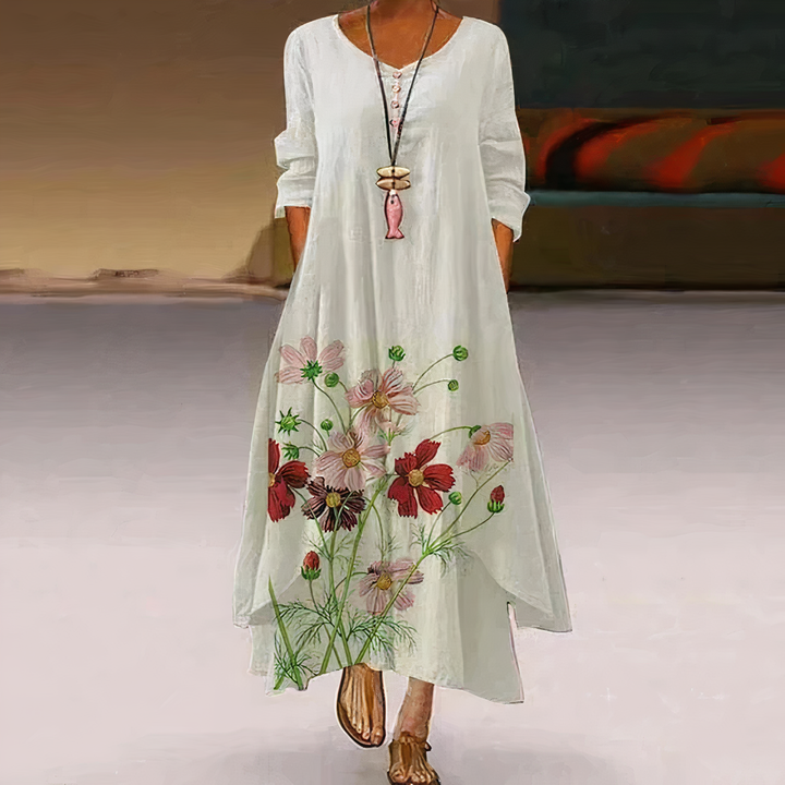Women's floral border print long sleeve maxi dress for elegant casual spring & summer style.