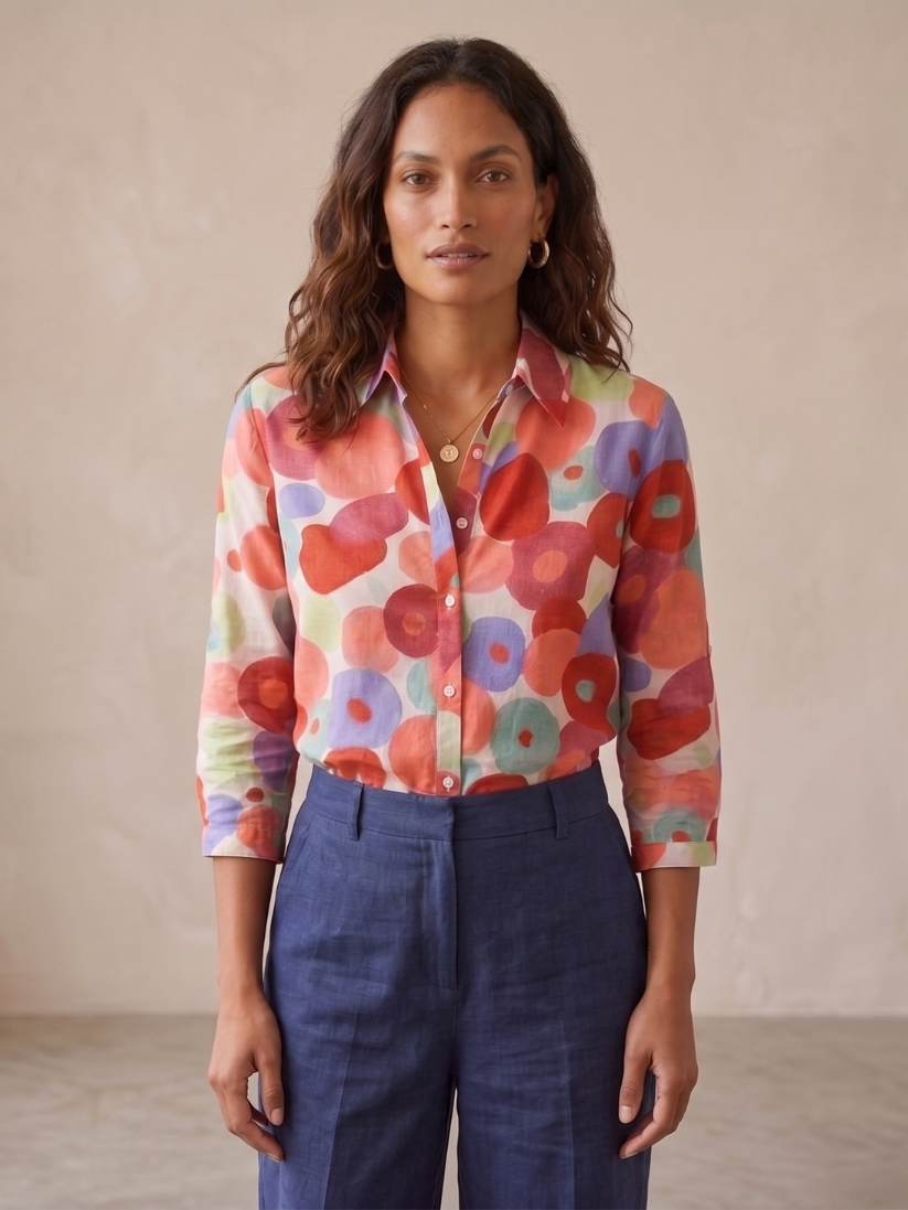 Elegant women's long-sleeve floral print blouse, button-down front & roll-tab sleeves, perfect for daily wear.