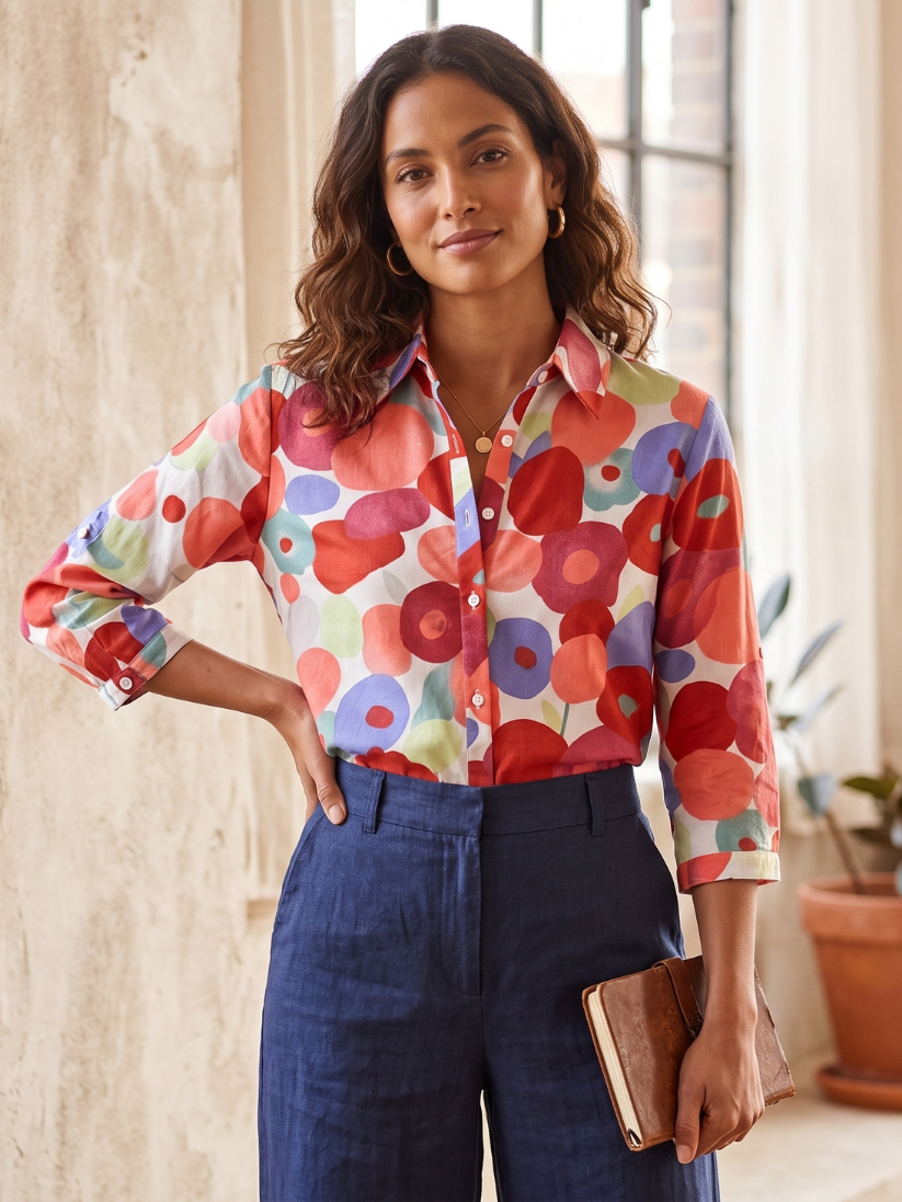 Feminine floral button-down blouse with roll-tab long sleeves. Comfortable, relaxed fit women's top for spring/summer.