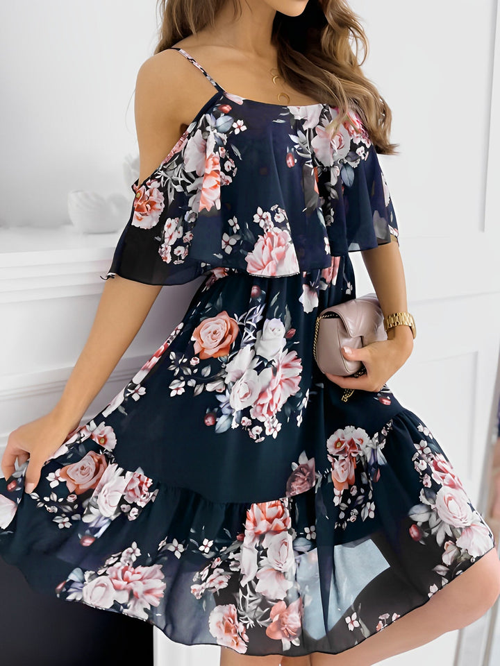 Women's vibrant floral cold shoulder mini dress, perfect for summer vacation & evening wear, ruffle trim.