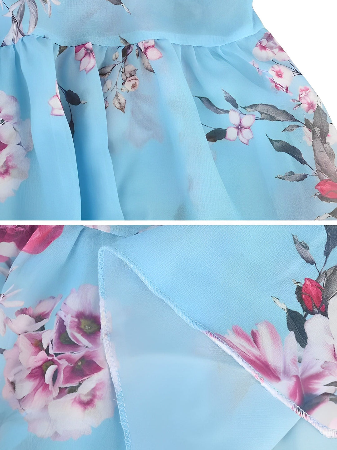 Elegant women's floral mini dress with a cold shoulder neckline and graceful ruffle trim.