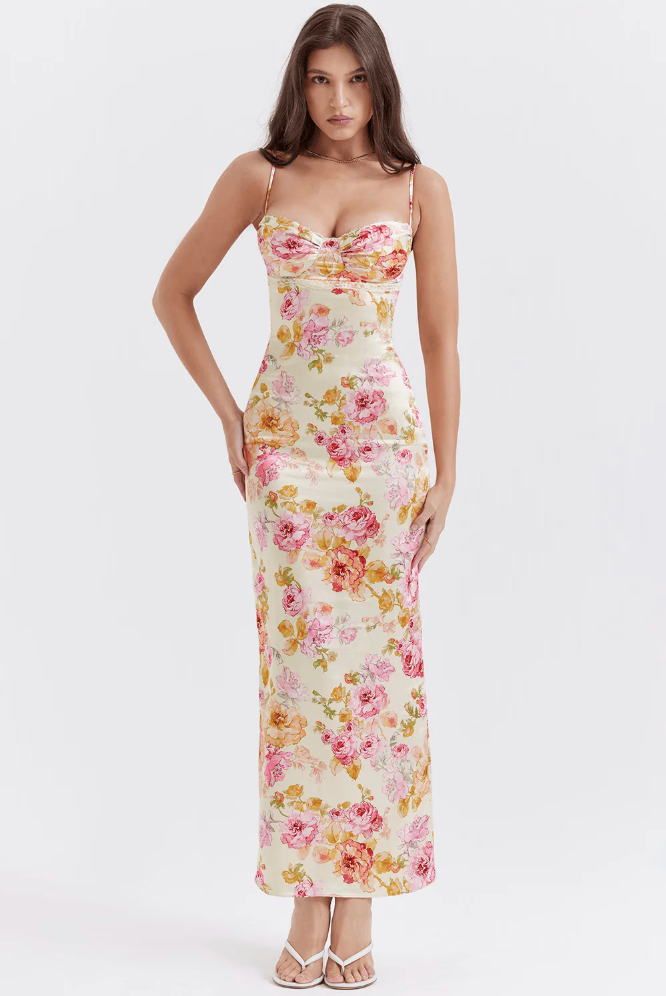 Women's floral corset maxi dress, perfect for wedding guests. Elegant slip gown with romantic vintage style.