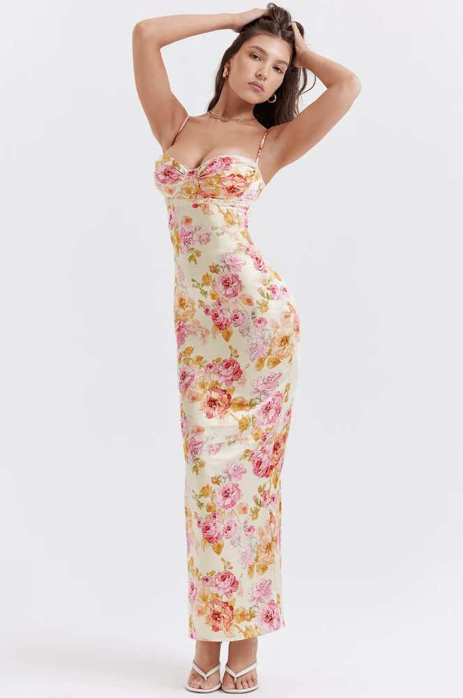 Romantic floral slip maxi dress for women. Vintage-style wedding guest gown, elegant and comfortable.