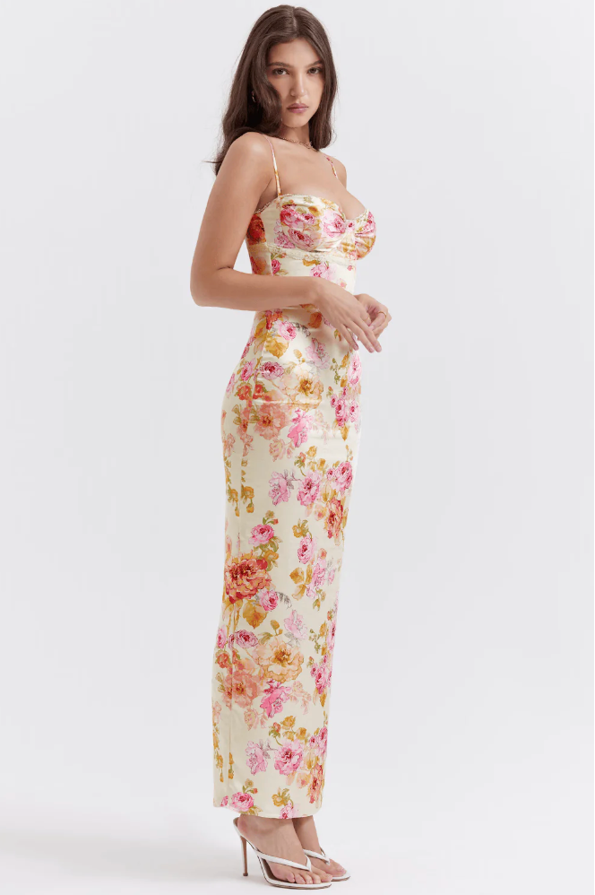 Beautiful floral print corset maxi dress for women. Elegant slip gown, perfect for a wedding guest.