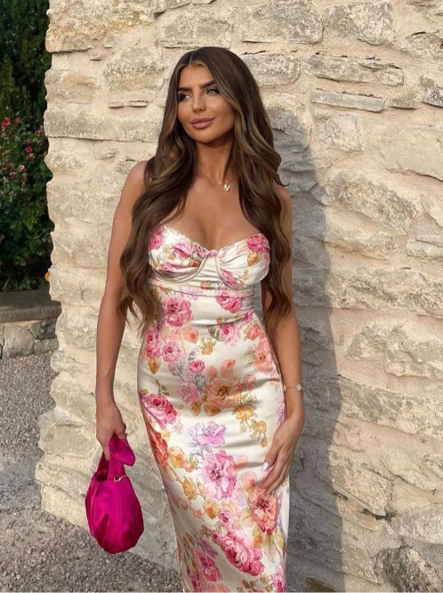 Women's elegant floral maxi slip dress with corset. Romantic wedding guest gown, perfect for summer.
