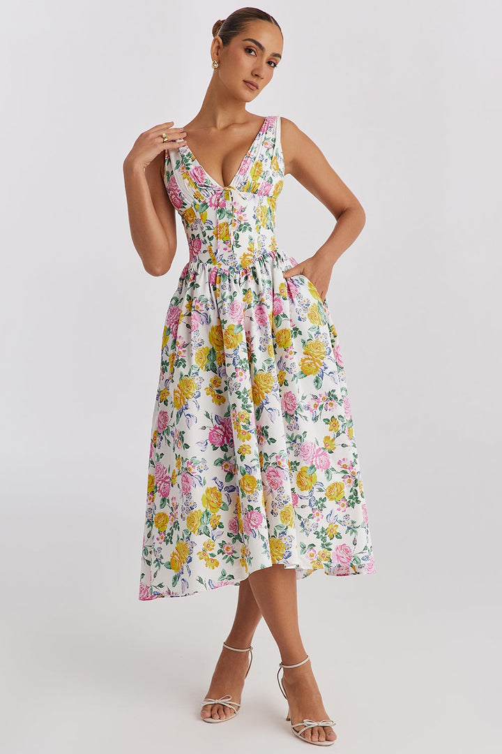 Women's floral corset midi wedding guest dress with V-neck, perfect for elegant summer garden parties.