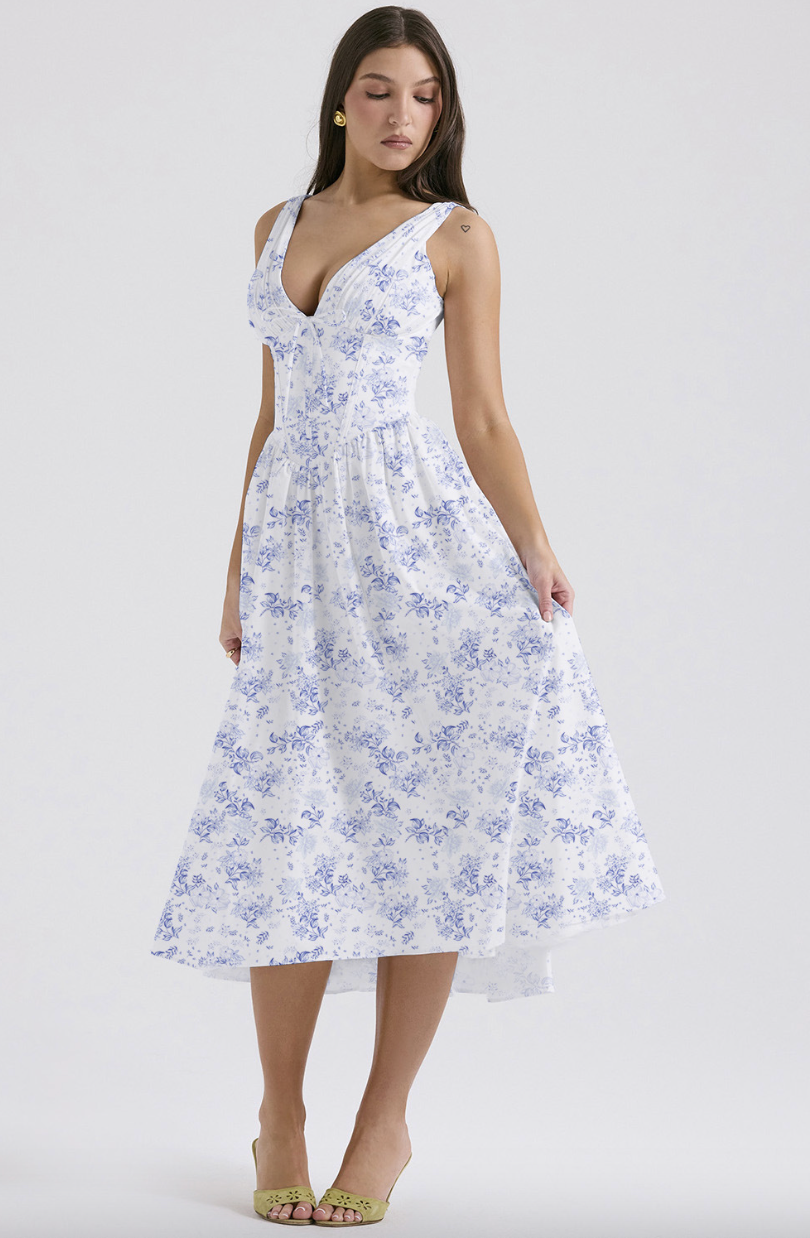 Women's V-neck floral midi dress with a flattering corset bodice, ideal for wedding guests & summer events.