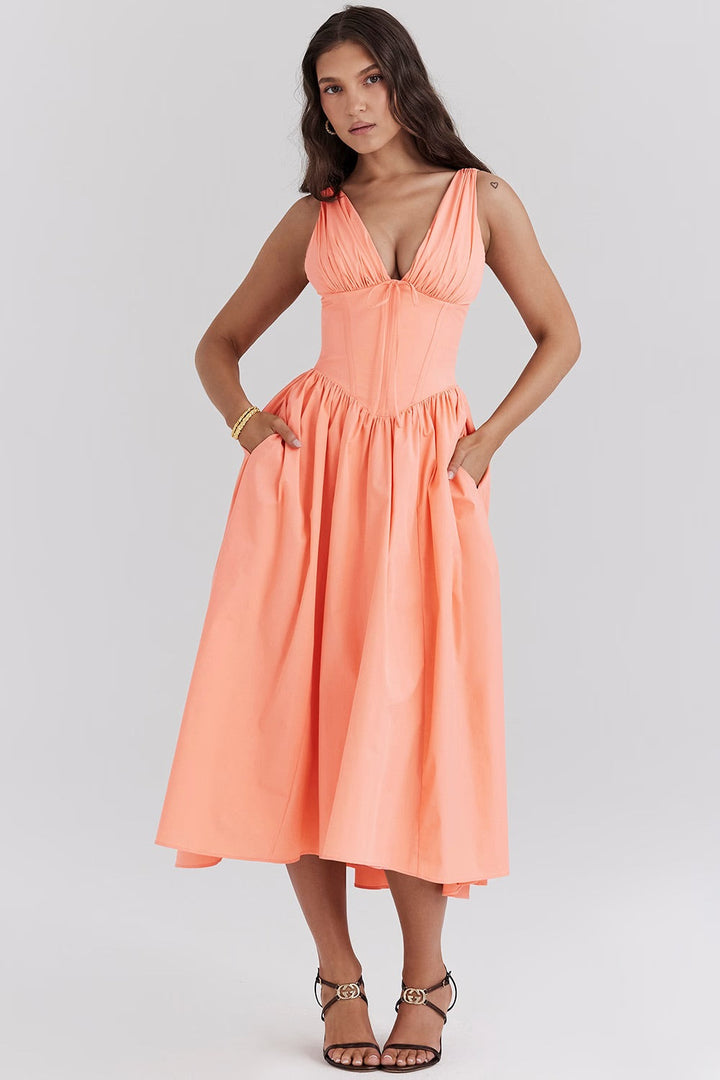 Beautiful floral print midi dress for women, designed as a V-neck corset wedding guest gown for summer parties.