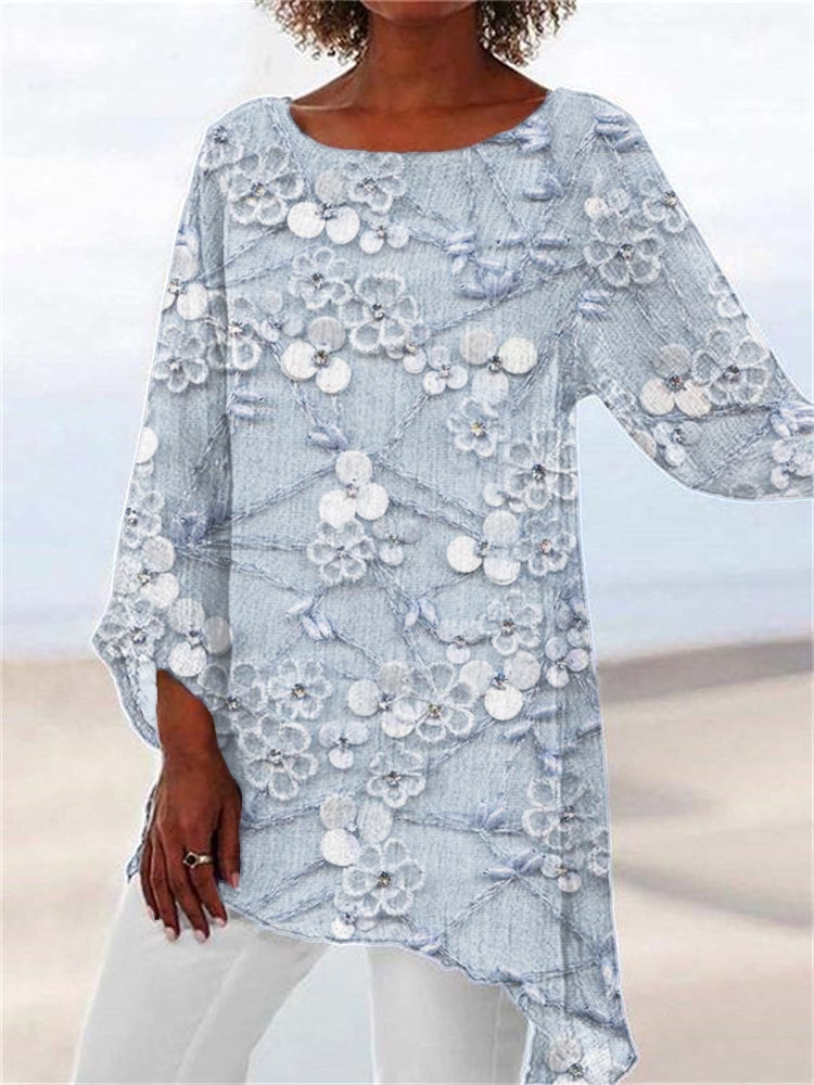 Elegant women's asymmetrical tunic with floral embroidery. Relaxed fit, long sleeve for casual or plus size wear.
