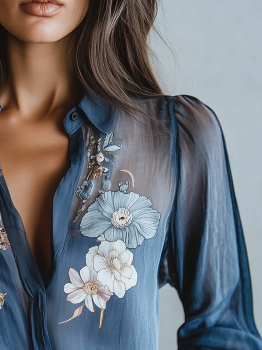 Women's relaxed fit blouse, floral embroidery, sheer sleeves, v-neck, perfect for evening wear.