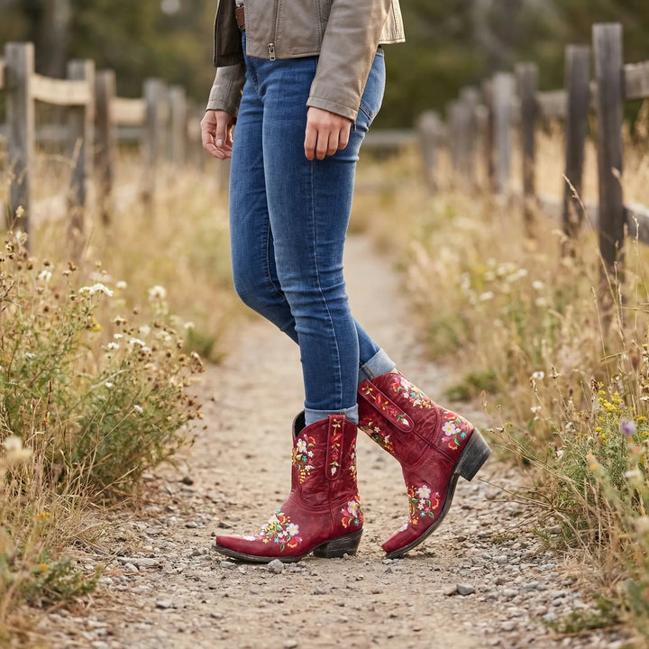 Women's floral embroidered western ankle boots with pointed toe & block heel. Stylish festival footwear.