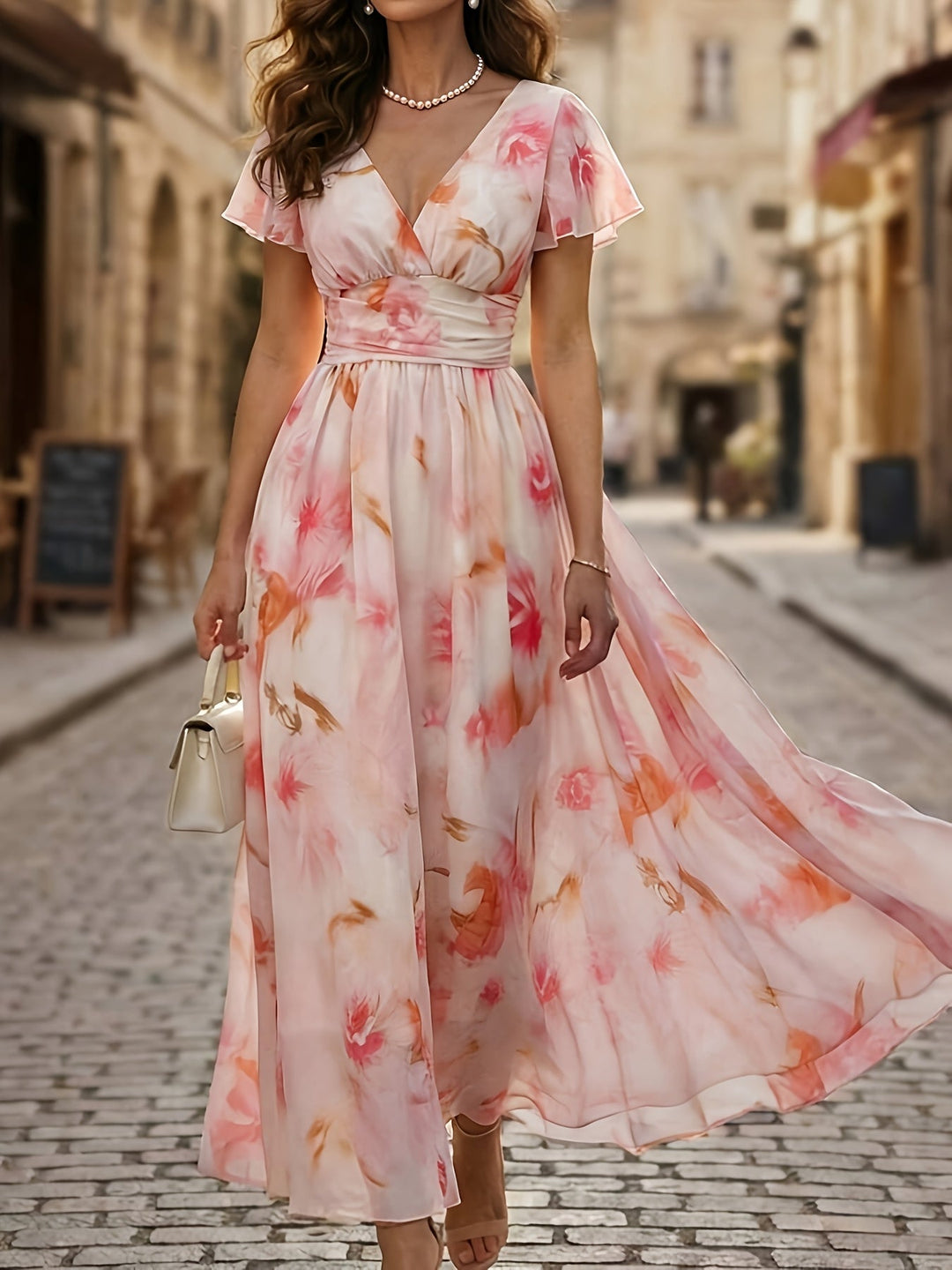 Women's floral flutter sleeve deep V-neck maxi dress, perfect for summer garden parties.