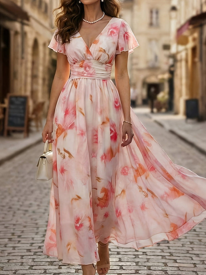 Women's floral flutter sleeve deep V-neck maxi dress, perfect for summer garden parties.