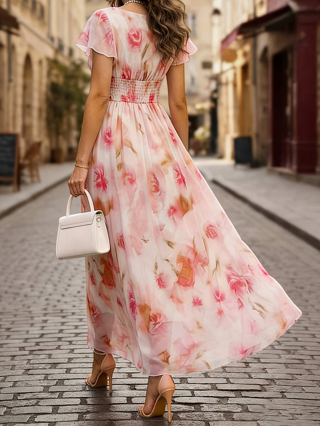 Elegant flowy floral print maxi dress with flutter sleeves and a deep V-neck for wedding guests.