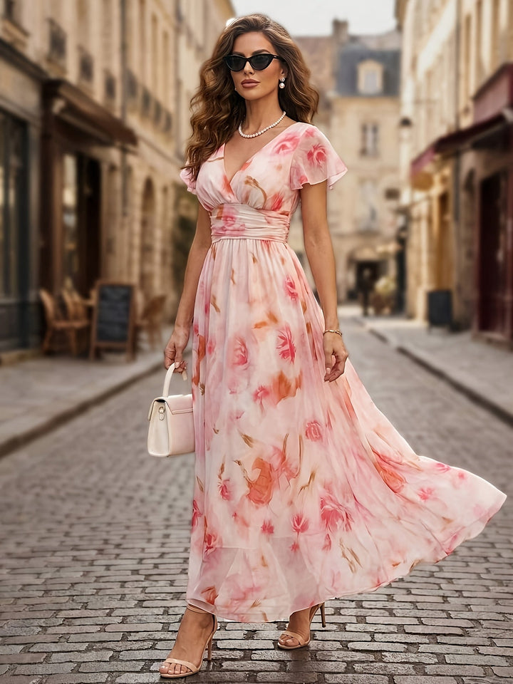 Romantic women's floral maxi dress featuring flutter sleeves and a flattering deep V-neck.