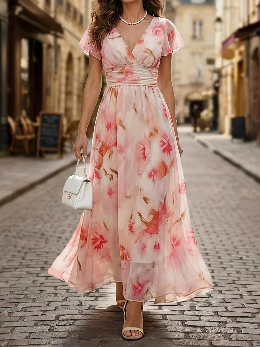 Stylish women's deep V-neck floral maxi dress with delicate flutter sleeves. Ideal occasion wear.
