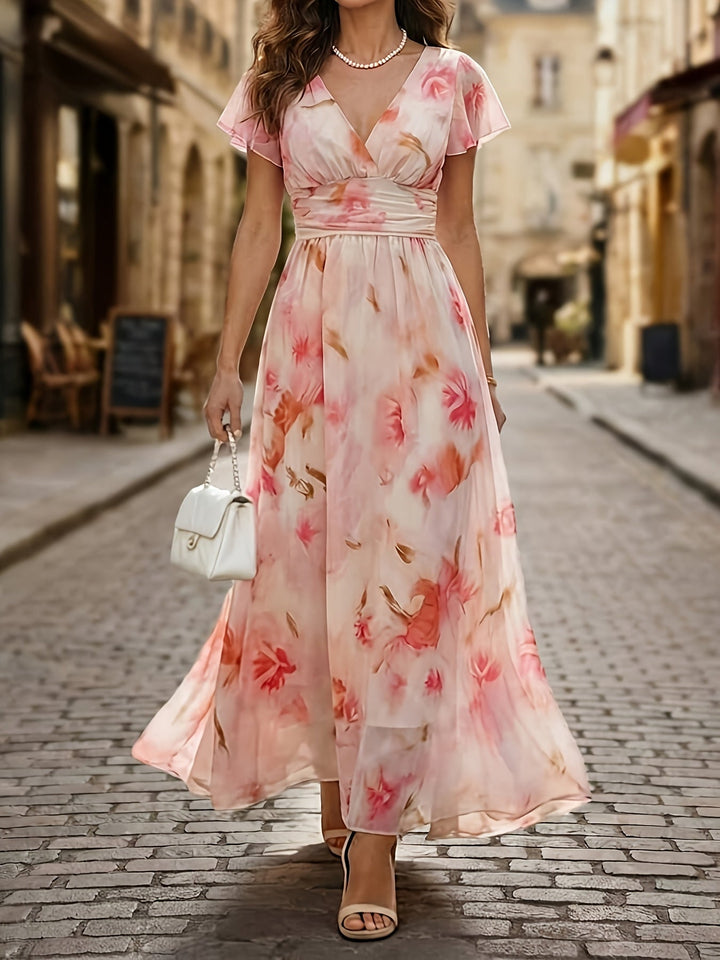 Stylish women's deep V-neck floral maxi dress with delicate flutter sleeves. Ideal occasion wear.