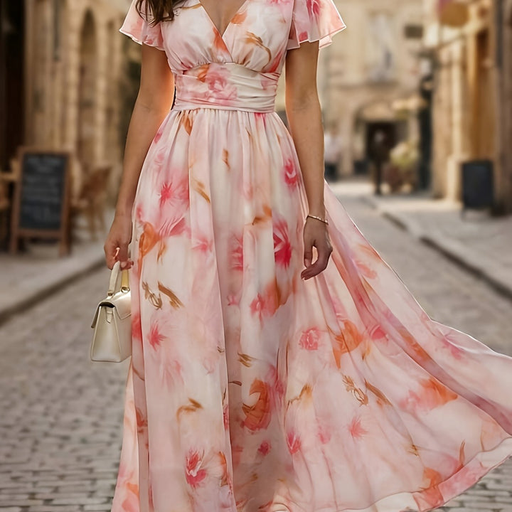 Beautiful floral maxi dress for women, with elegant flutter sleeves and a deep V-neckline.