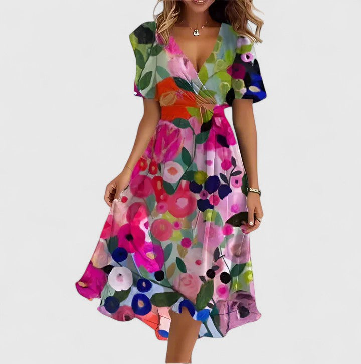 Vibrant floral midi dress for women, featuring flutter sleeves, excellent for summer parties & casual outings.