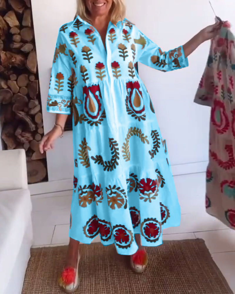 Soft women's floral graphic A-line midi dress with a lapel, comfortable for warm spring/summer days.
