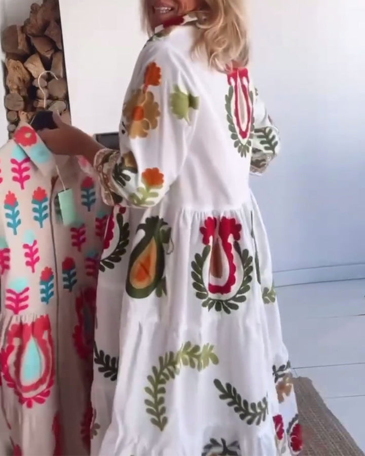 Stylish women's floral graphic A-line midi dress, comfortable for vacation, spring, and summer fashion.