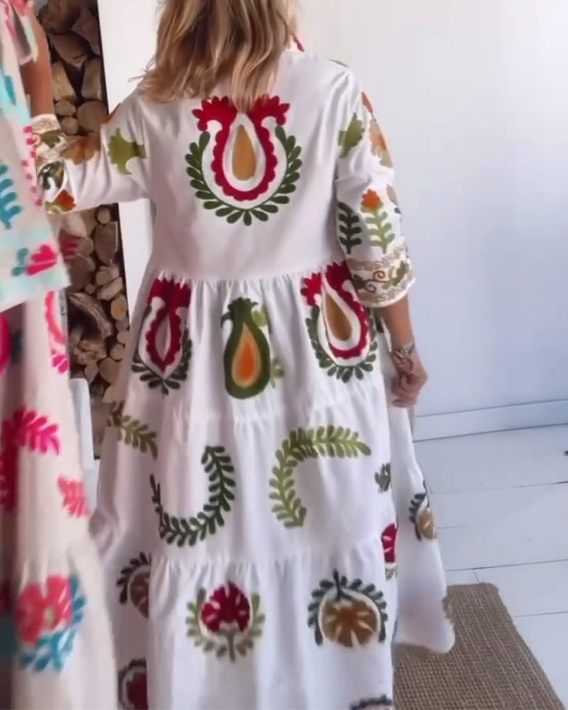 Breathable women's floral graphic midi dress with lapel collar, ideal for spring/summer comfort.