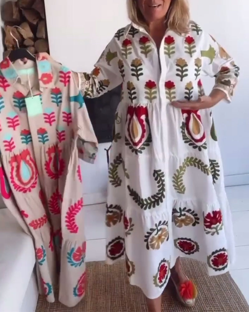 Full length view of women's floral graphic A-line midi dress with lapel collar, ready for spring.