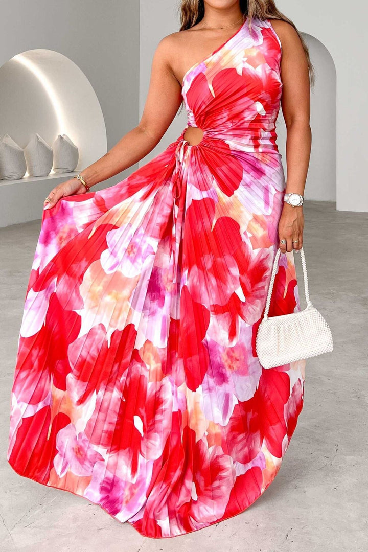 Front view of women's floral halter neck maxi dress highlighting elegant keyhole neckline and flowing silhouette.