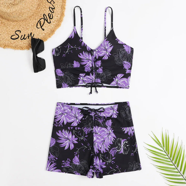 Close-up of floral print on supportive high-waist bikini, quality women's swimwear.