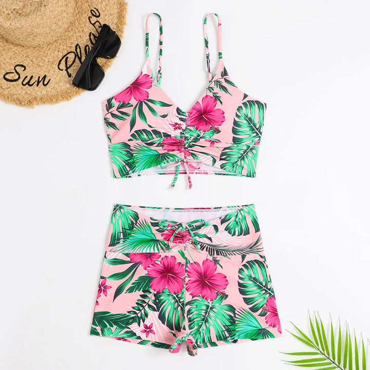 Back view of women's supportive floral high-waist bikini set, stylish retro swimsuit.