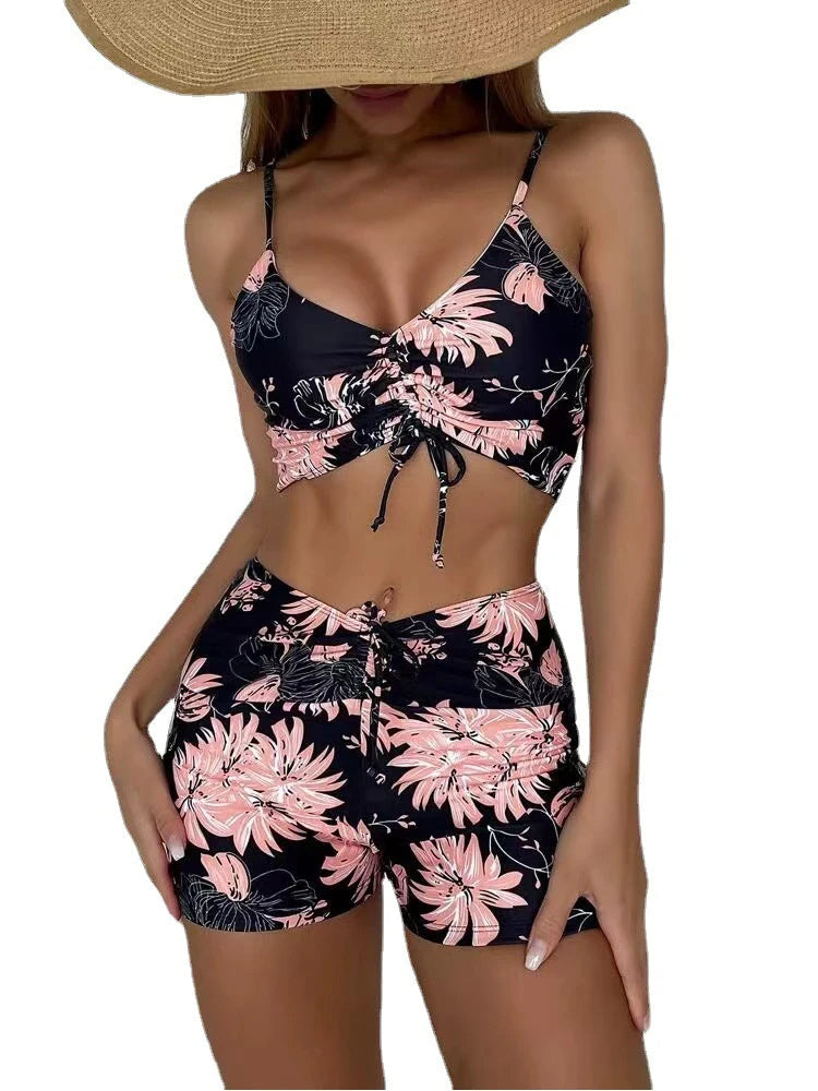 Elegant floral print high-waist bikini set, perfect women's supportive swimwear for summer vacation.
