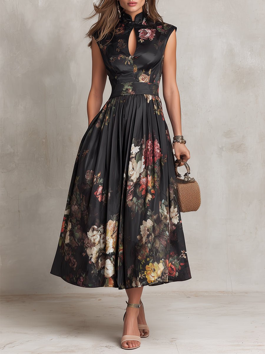 Women's floral keyhole mandarin midi dress, perfect for wedding guests. Elegant sleeveless A-line design.