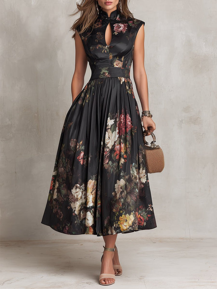 Women's floral keyhole mandarin midi dress, perfect for wedding guests. Elegant sleeveless A-line design.