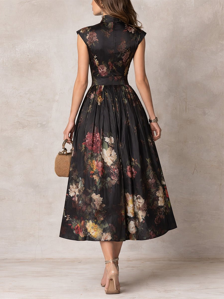 Chic floral midi dress with keyhole neckline and mandarin collar, ideal as a wedding guest or cocktail dress.