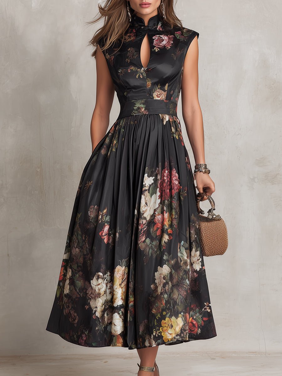 Elegant sleeveless floral A-line midi dress, featuring a keyhole and mandarin collar, suitable for formal parties.
