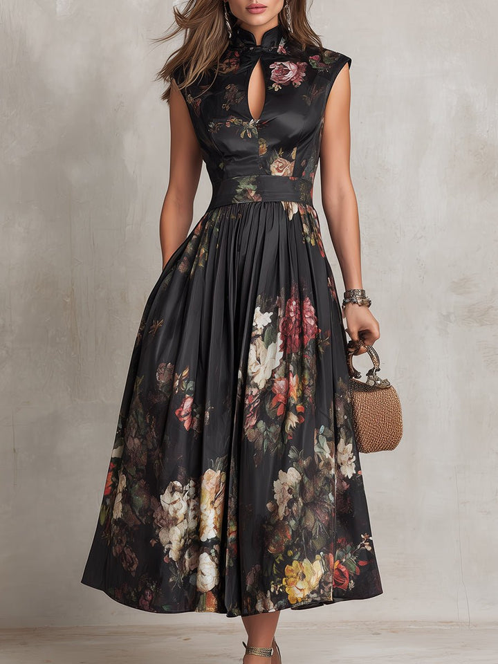 Elegant sleeveless floral A-line midi dress, featuring a keyhole and mandarin collar, suitable for formal parties.