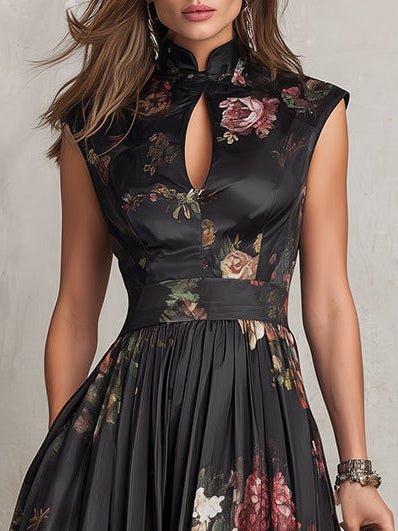 Beautiful women's floral print midi dress, with keyhole and mandarin design, a stylish wedding guest outfit.
