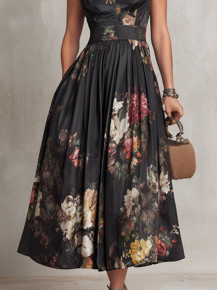 Sophisticated floral keyhole midi dress for women, with A-line silhouette, perfect for weddings and formal events.