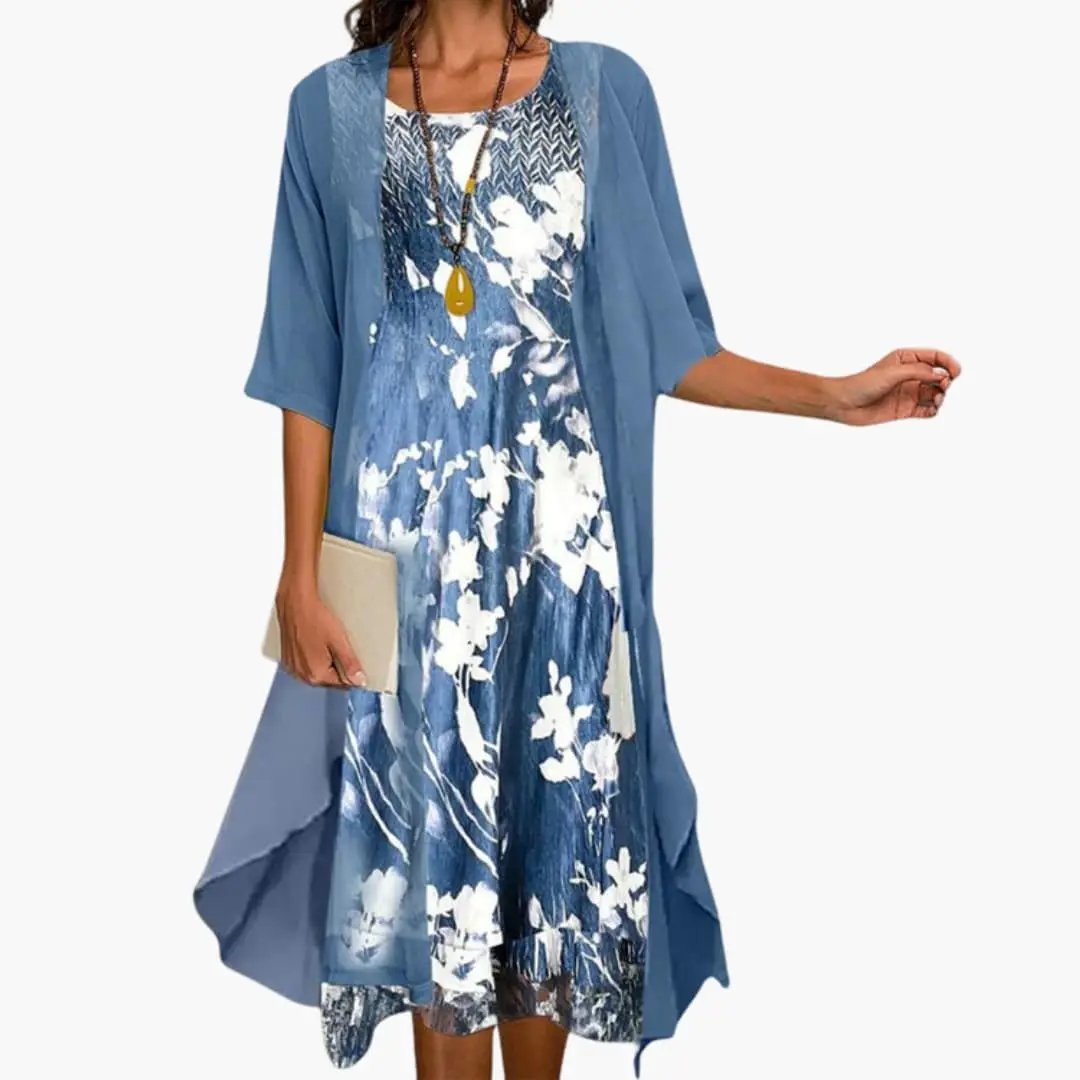 Women's floral long dress & matching cardigan set, perfect for elegant spring & summer layered looks.