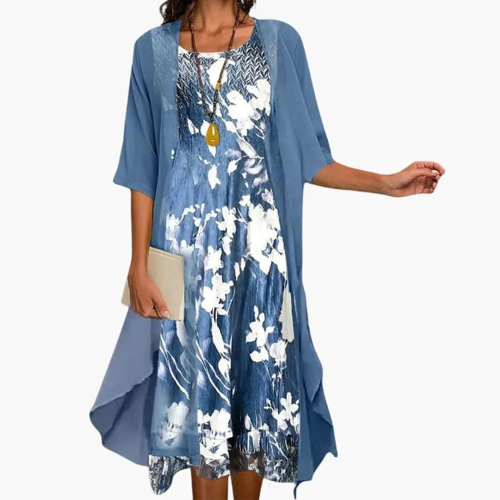Women's floral long dress & matching cardigan set, perfect for elegant spring & summer layered looks.