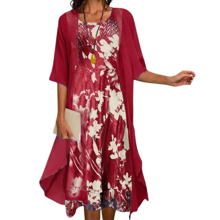 Women's complete two-piece outfit: a comfortable long floral dress paired with a stylish cardigan.