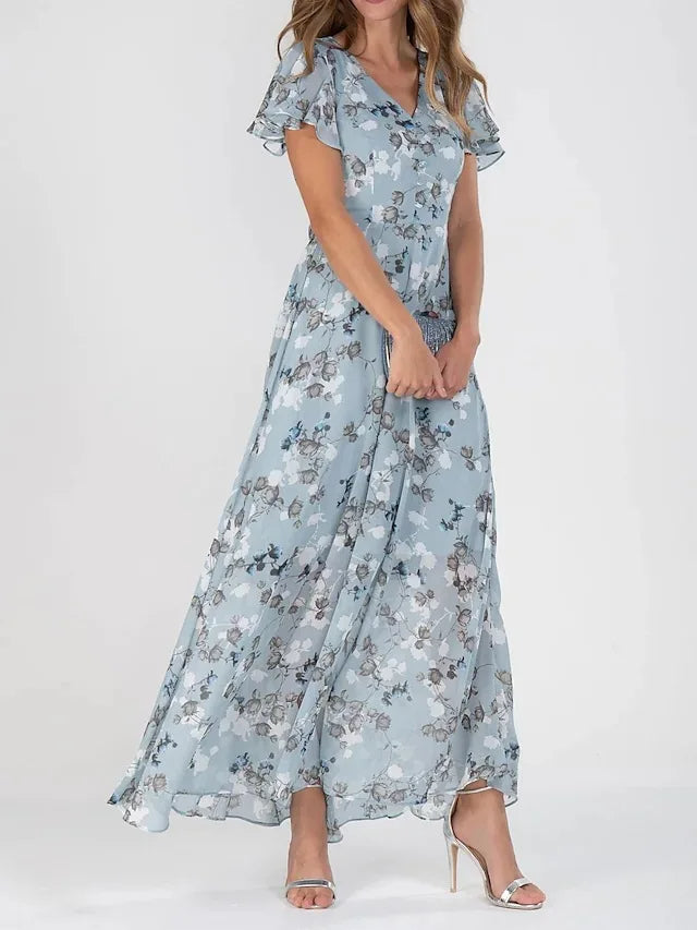 Ladies' long floral print maxi dress featuring graceful flutter sleeves and a chic V-neck design.