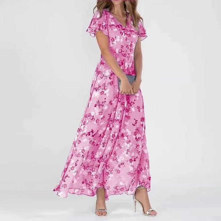 Elegant women's V-neck floral maxi dress with delicate flutter sleeves, a perfect long summer fashion.