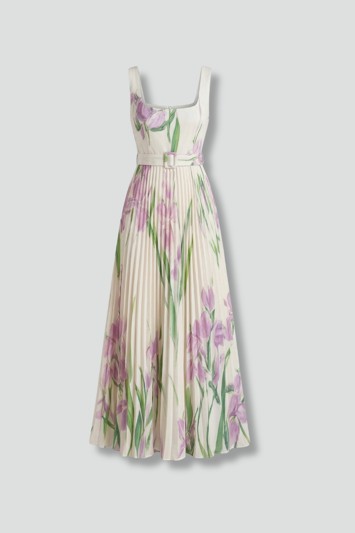 Women's floral maxi dress with square neck, pleated skirt, ideal for summer elegance.