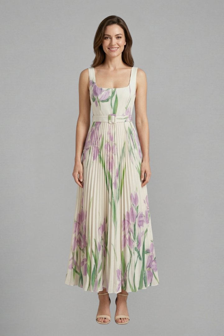 Elegant women's floral maxi dress, square neck & pleated skirt, perfect for evening parties.